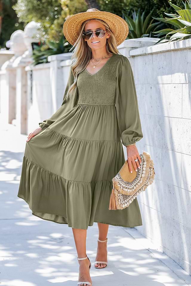 Olive Green V-Neck Smocked Maxi Dress