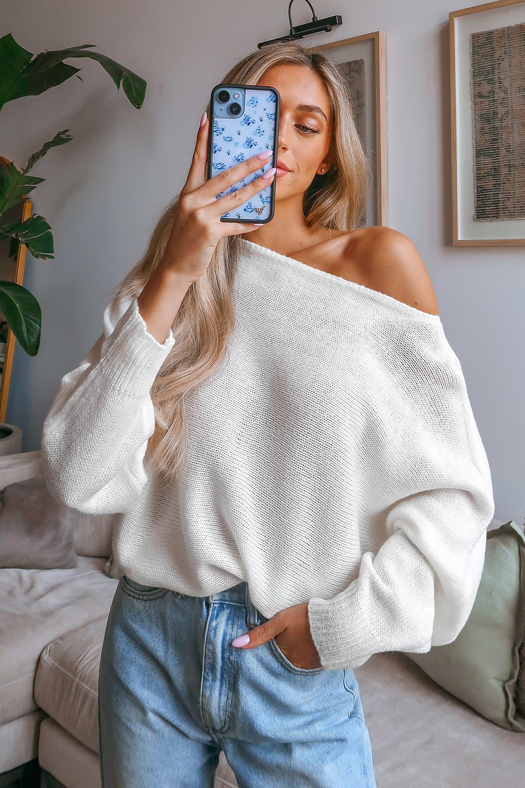 Ivory Crochet One-Shoulder Sweater
