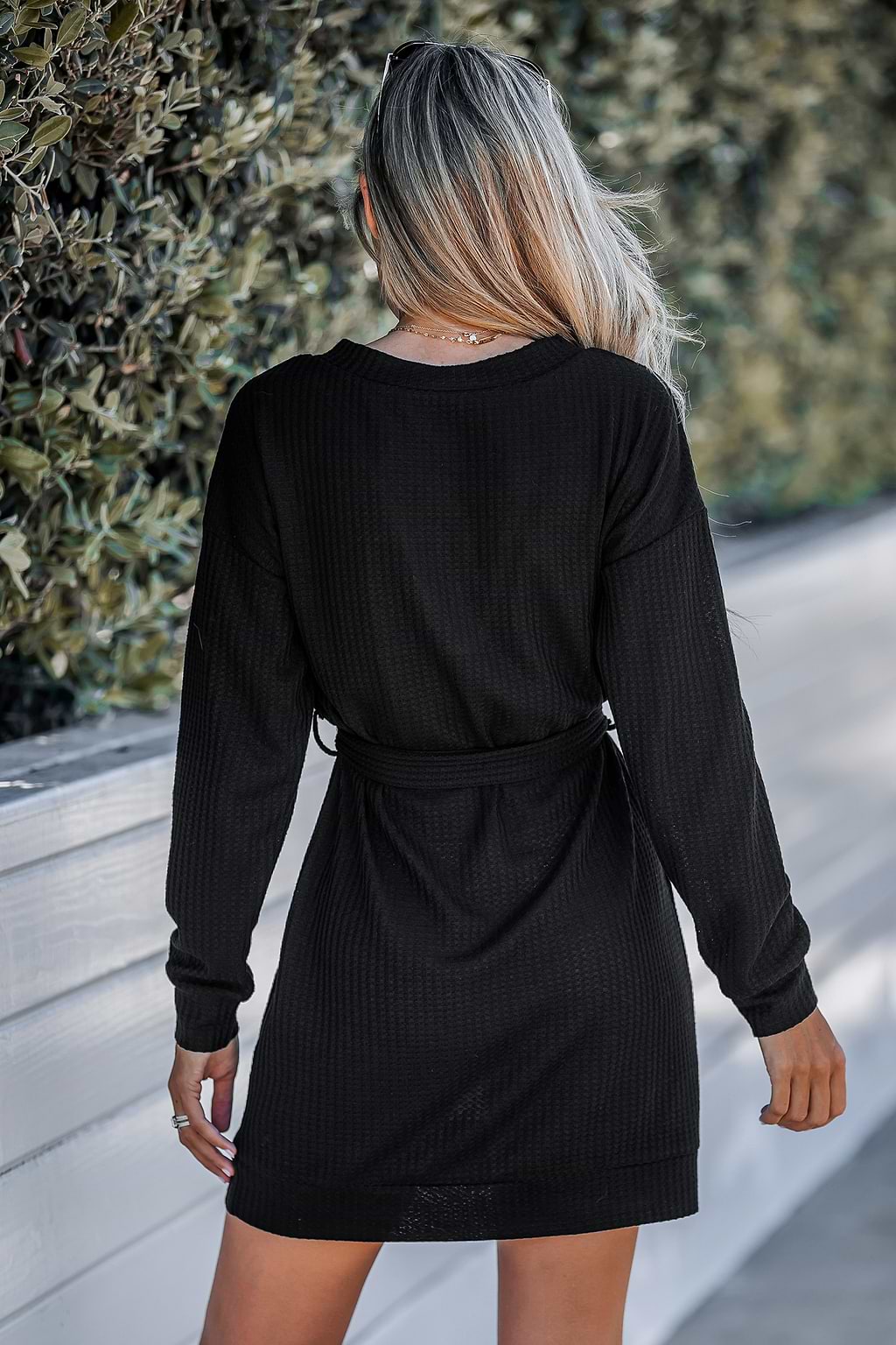 Belted Rib V-Neck Mini Dress