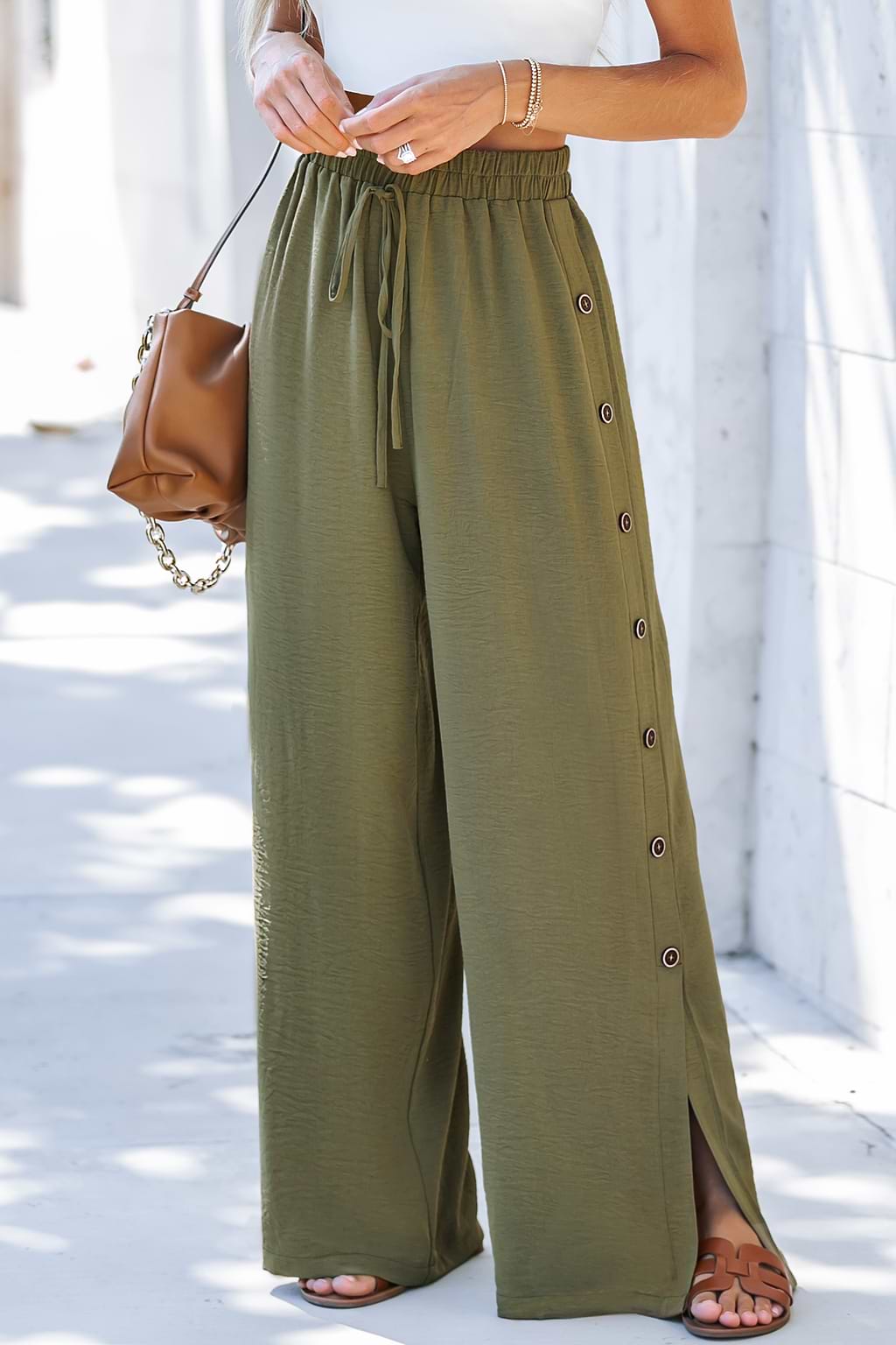 Crinkle Woven High Waist Buttoned Pants