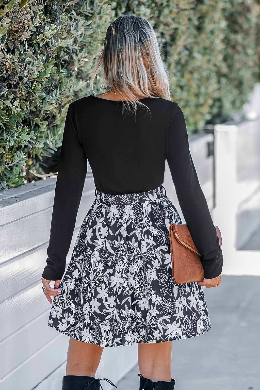 Belted Floral Print Long Sleeve Dress