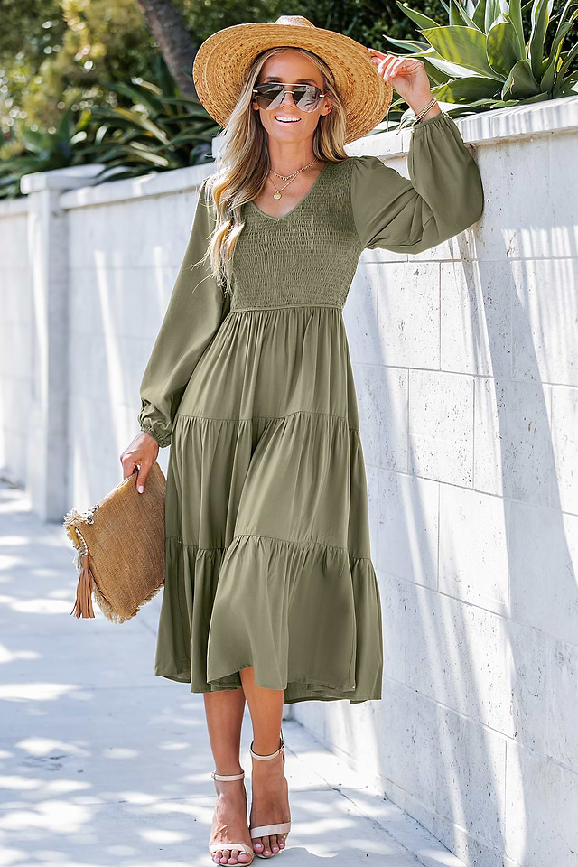 Olive Green V-Neck Smocked Maxi Dress