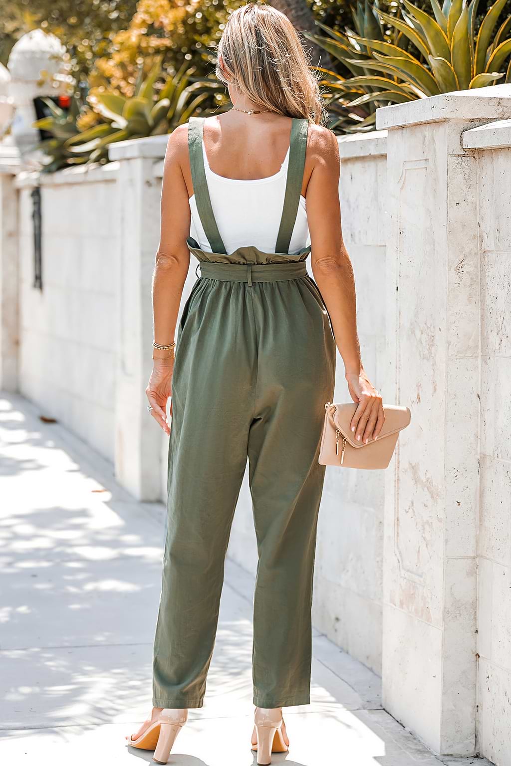 100% katoen Olijfgroene paperbag-overall met gegolfde riem