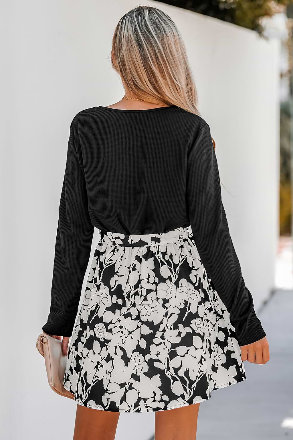 Floral Print Belted Long Sleeve Dress