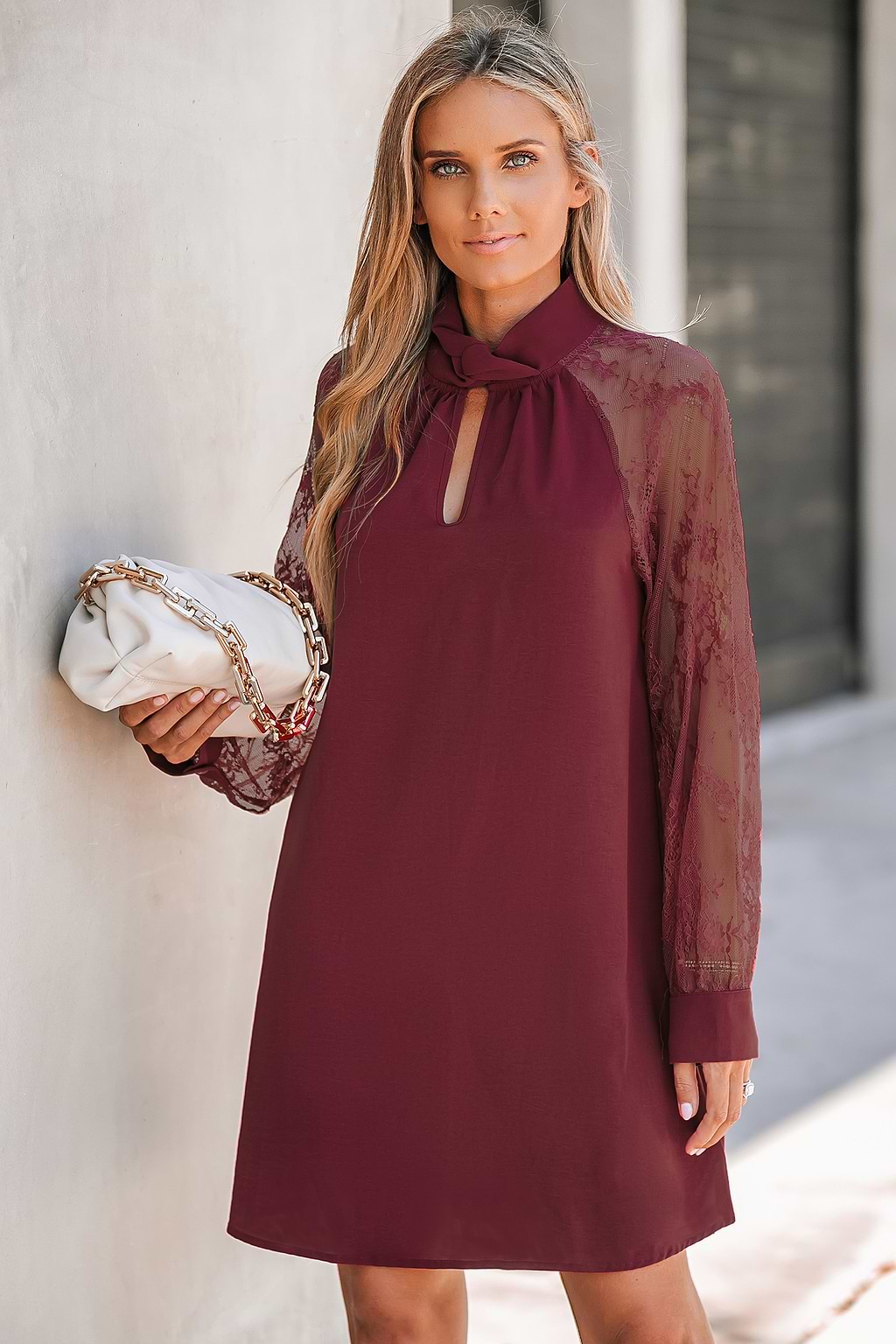 Lace Cutout Mock Neck Mini Dress