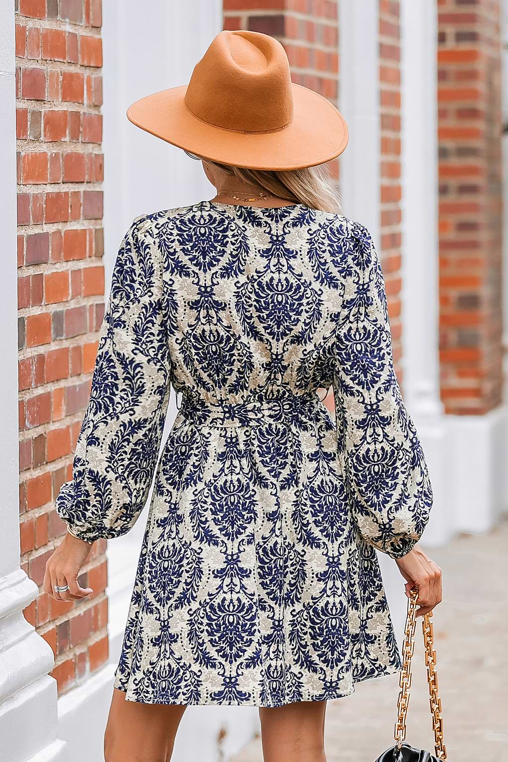 Ornate Print Surplice Neck Mini Dress