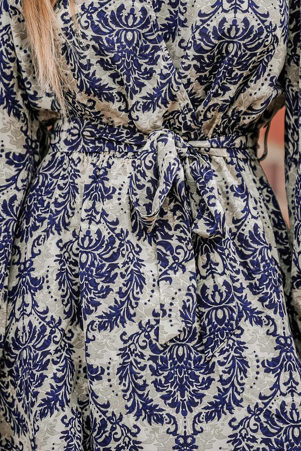 Ornate Print Surplice Neck Mini Dress