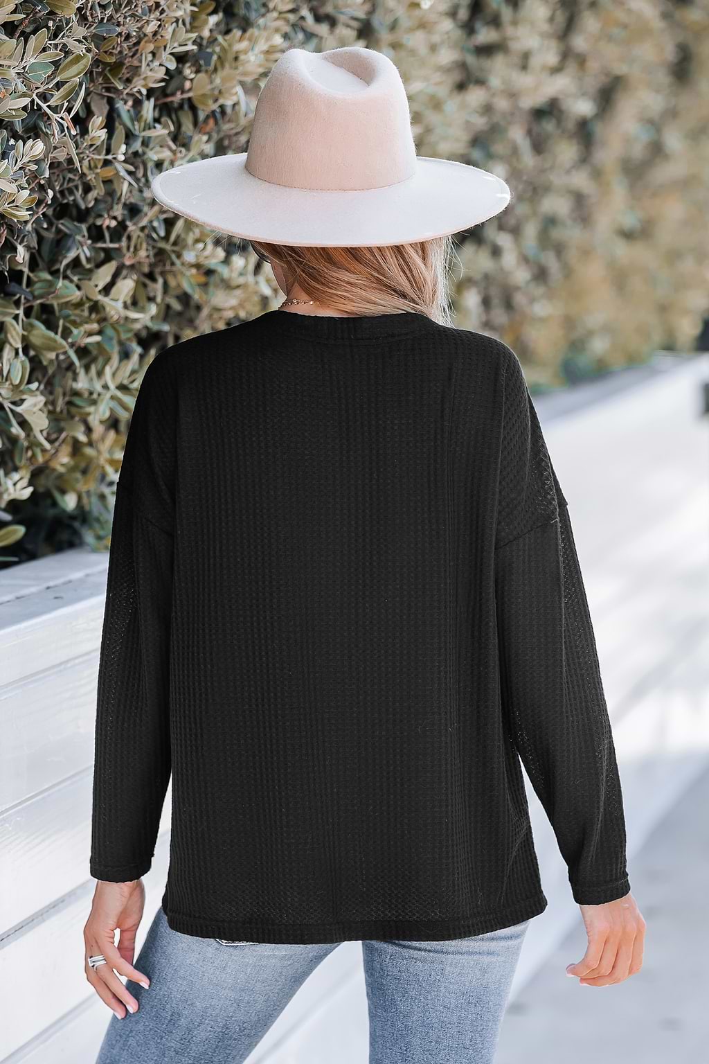 Grijs wafelgebreid V-hals T-shirt met lange mouwen