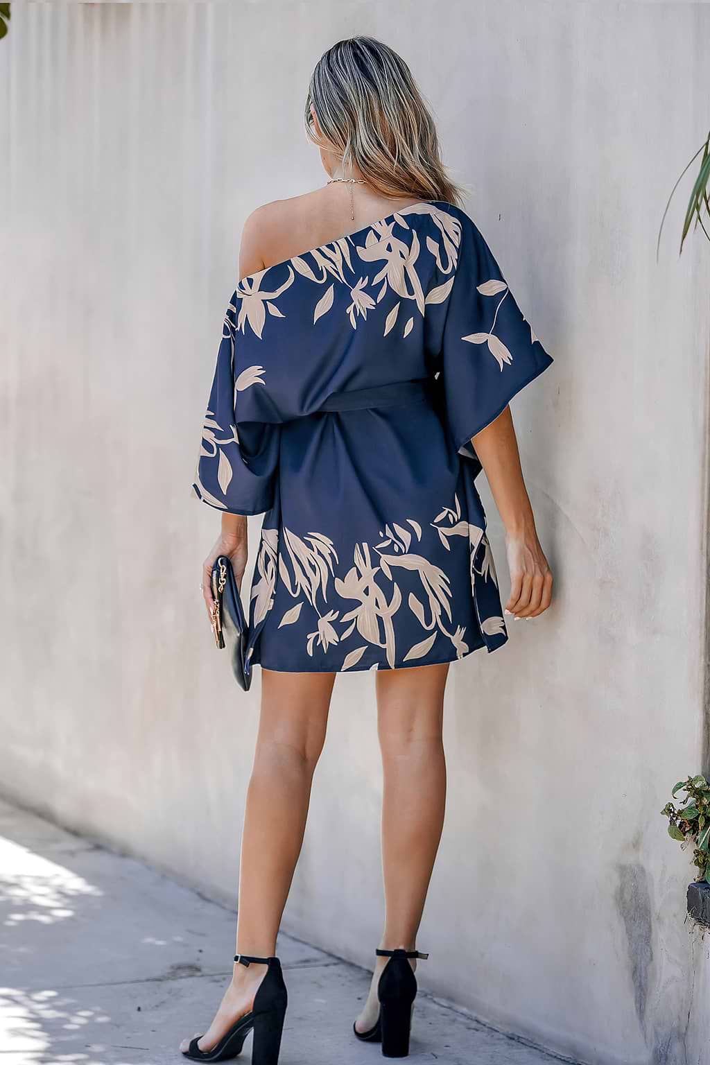 Leaf Print One-Shoulder Belted Dress