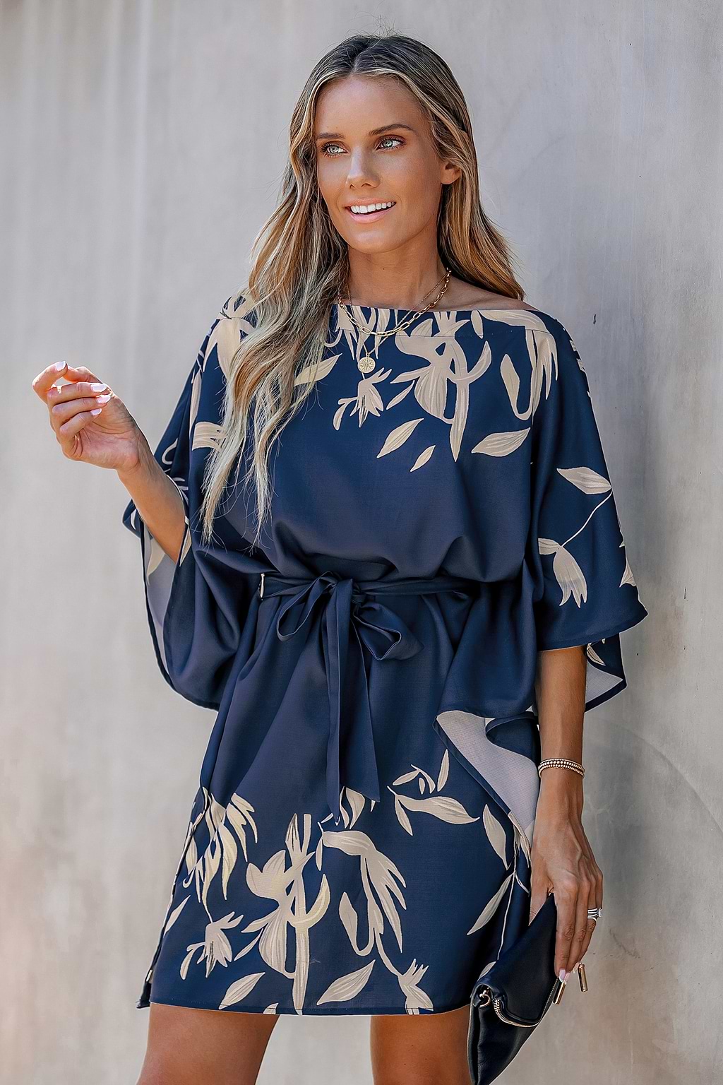 Leaf Print One-Shoulder Belted Dress