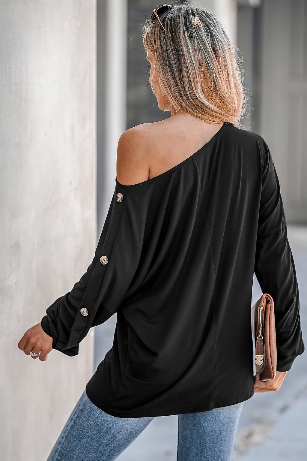 Shadow One-Shoulder Button Sleeve Tee