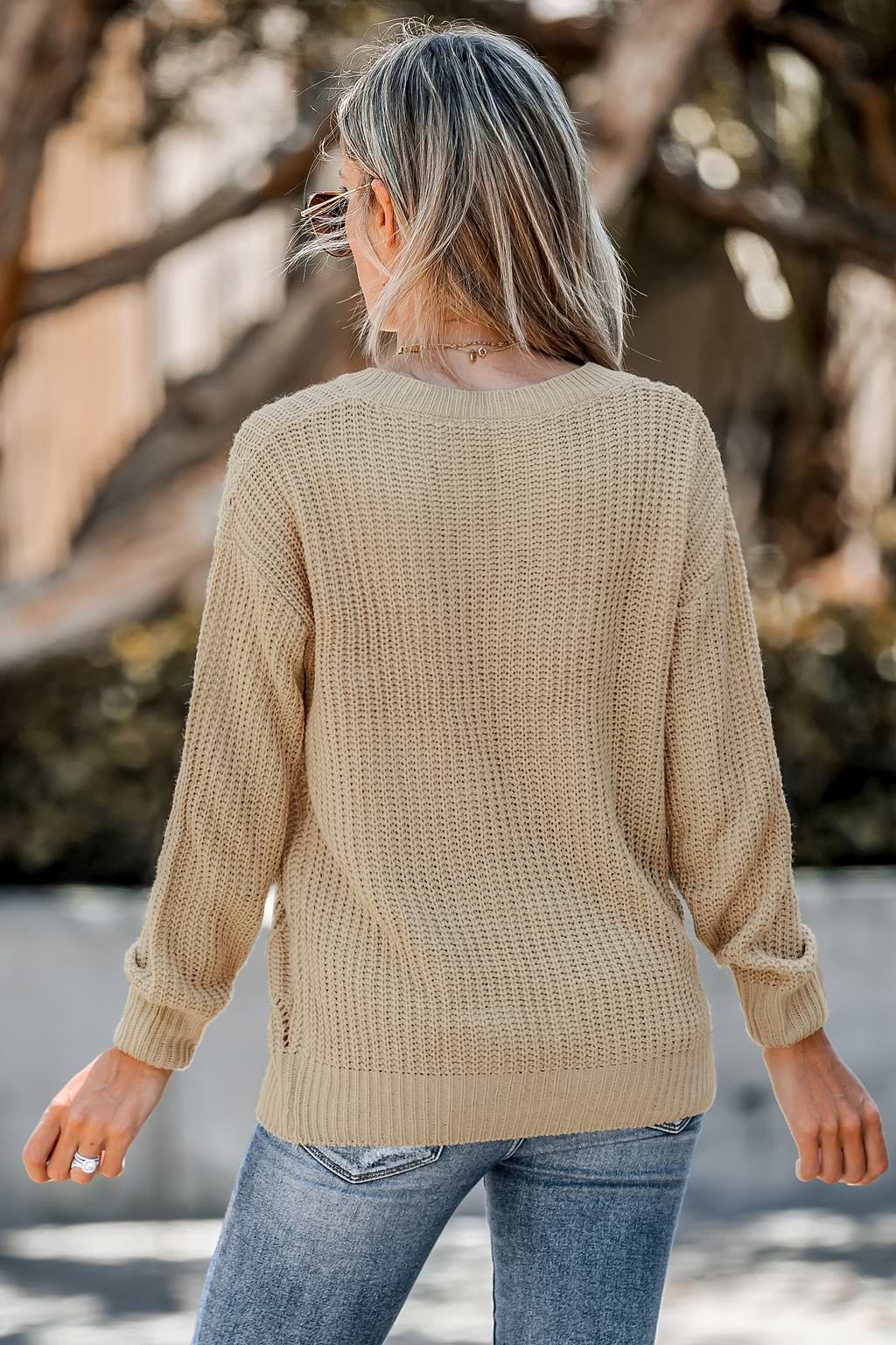 Crochet V-Neck Drop Sleeve Sweater