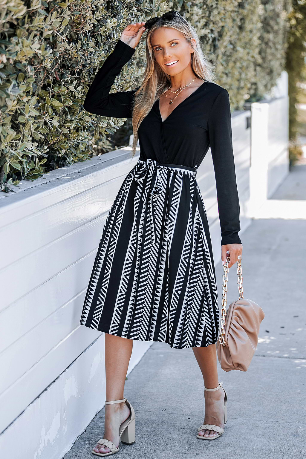 Geo Print Belted Midi Dress