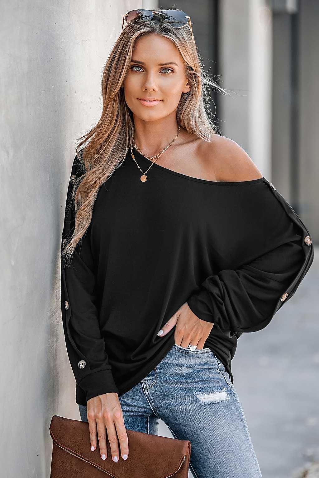 Shadow One-Shoulder Button Sleeve Tee