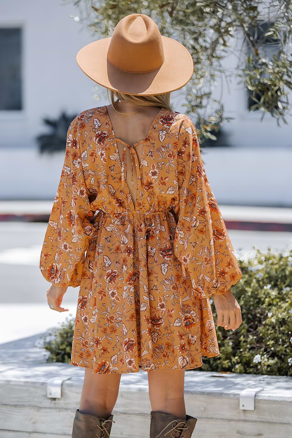 Boho Floral Print Plunge Mini Dress