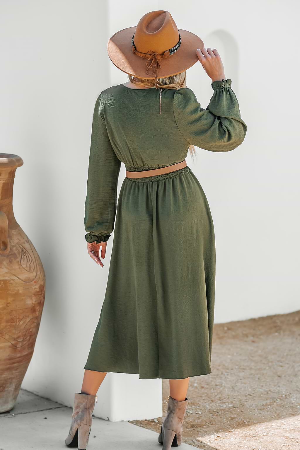 Olive Green Smocked Midi Dress