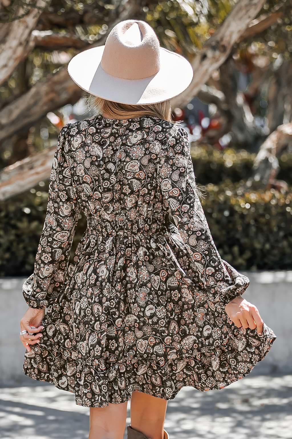 Paisley Print Lace Trim Ruffled Mini Dress