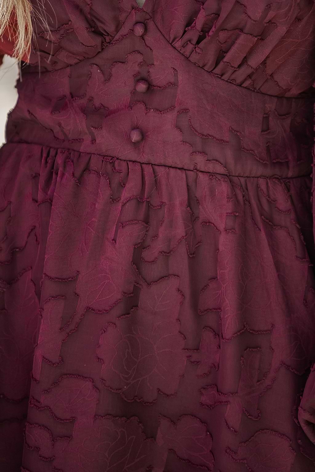 Maroon Textured Floral Lace Mini Dress