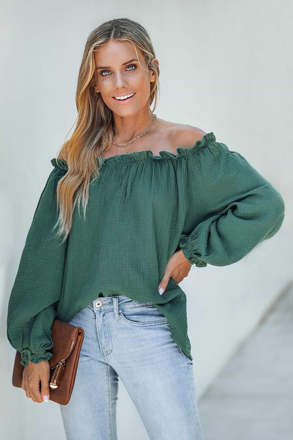 Aqua Gauze Off-the-Shoulder Top