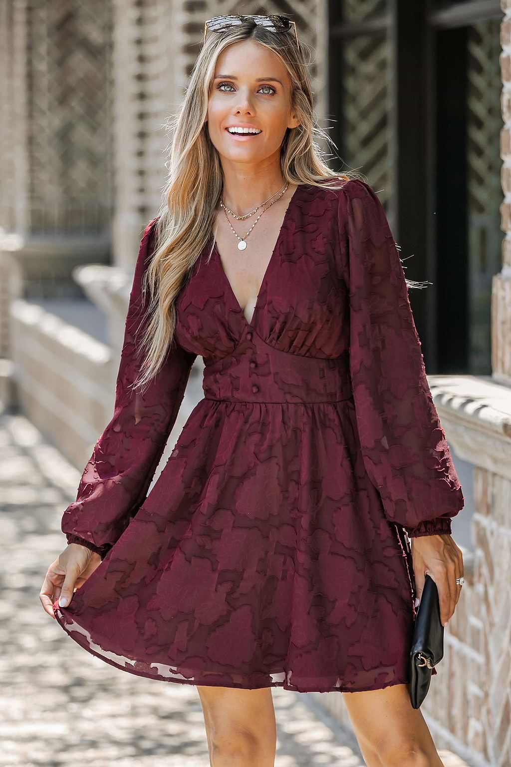 Maroon Textured Floral Lace Mini Dress
