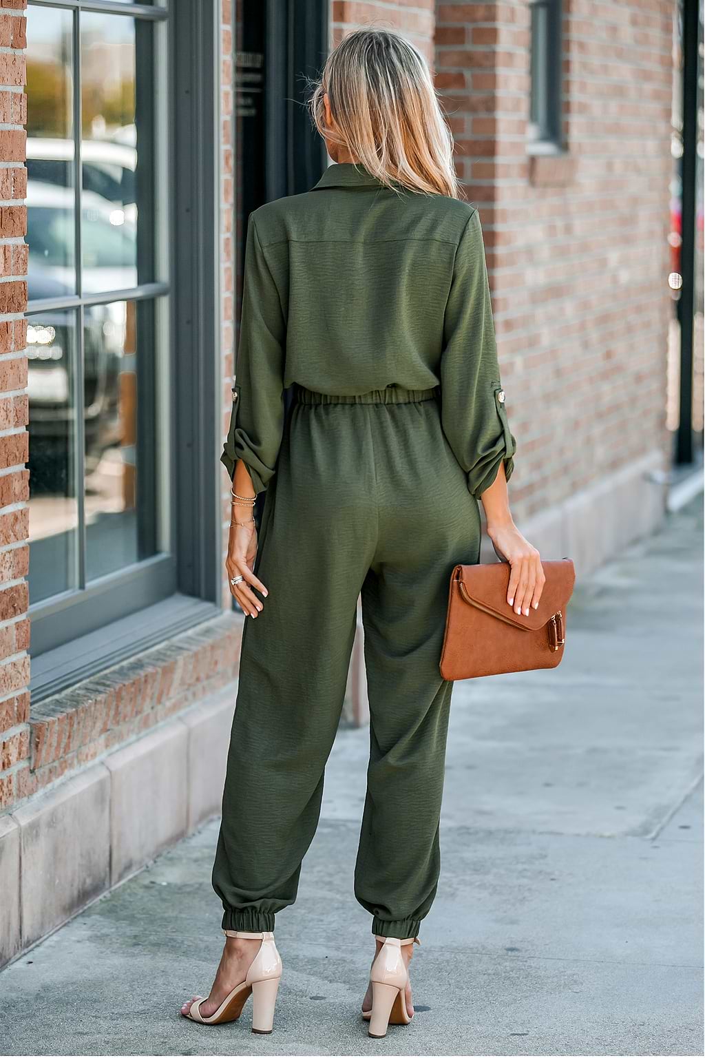 Dark Forest Green Button-Front Jogger Jumpsuit