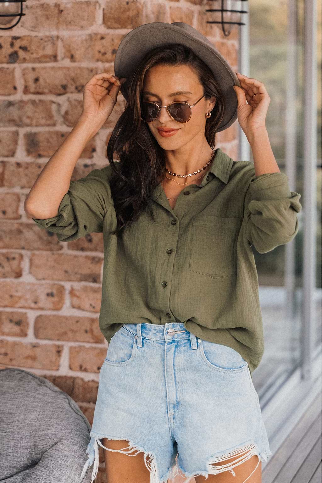 Olive Green Gauze Button-Front Shirt