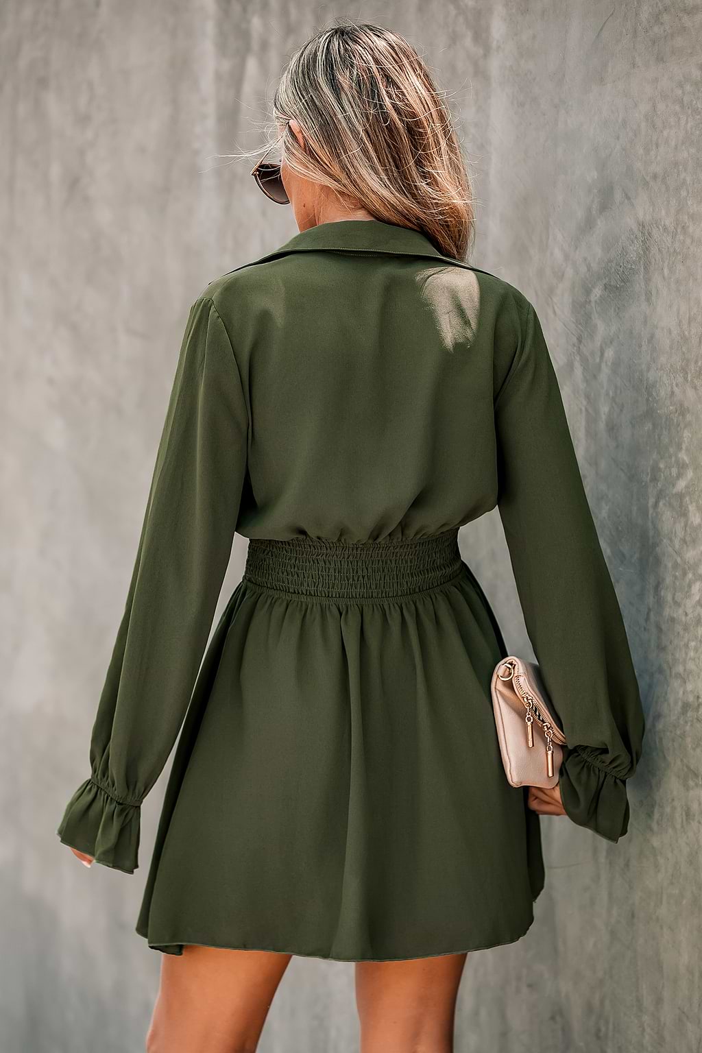 Olive Green Smocked Button-Front Mini Dress