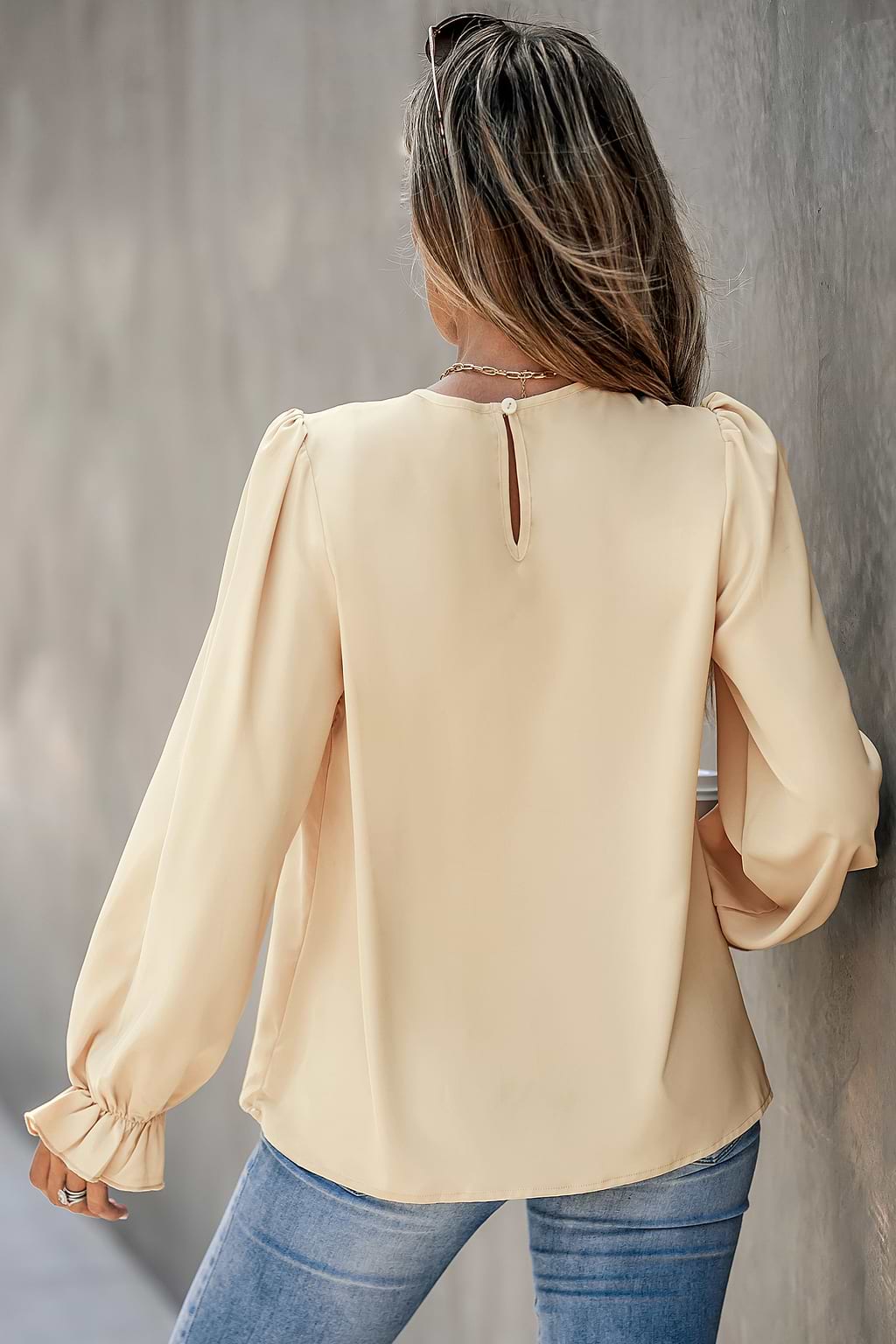 Neutral Pleated Trumpet Sleeve Top