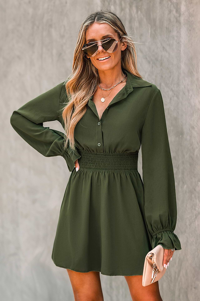 slim fit dress slacks Green Knit Square Neck Buttoned Long Sleeve Dress Green / XL main image 0