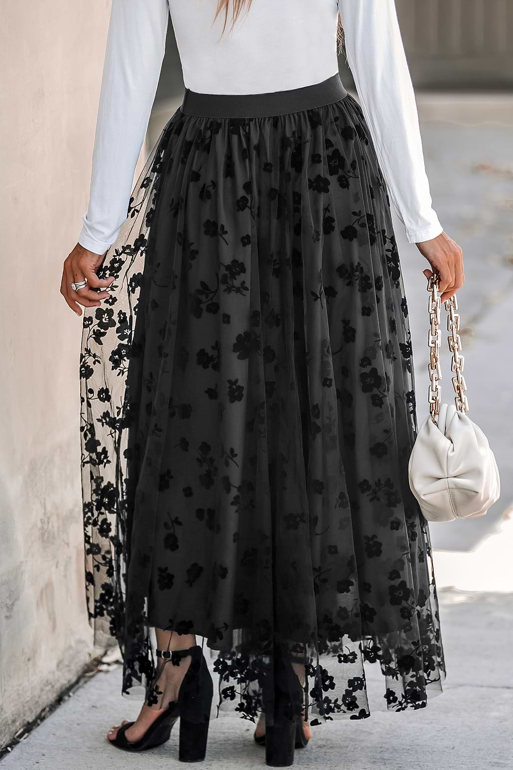 Floral Embroidery Mesh High Waist Skirt