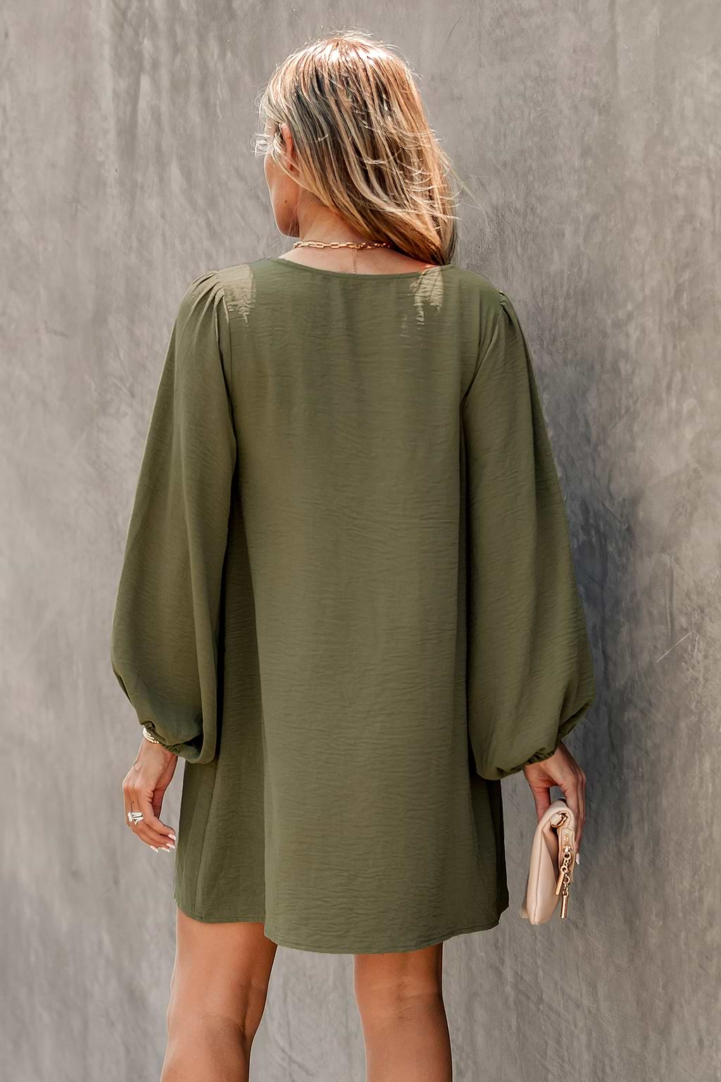 Olive Green Balloon Sleeve Mini Dress