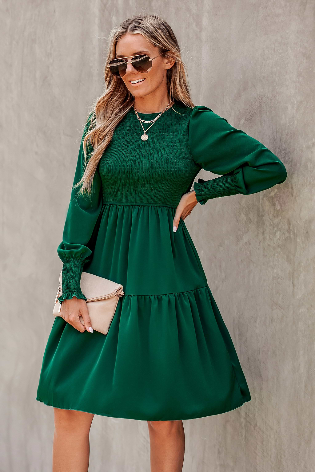 Emerald Green Smocked Ruffled Dress
