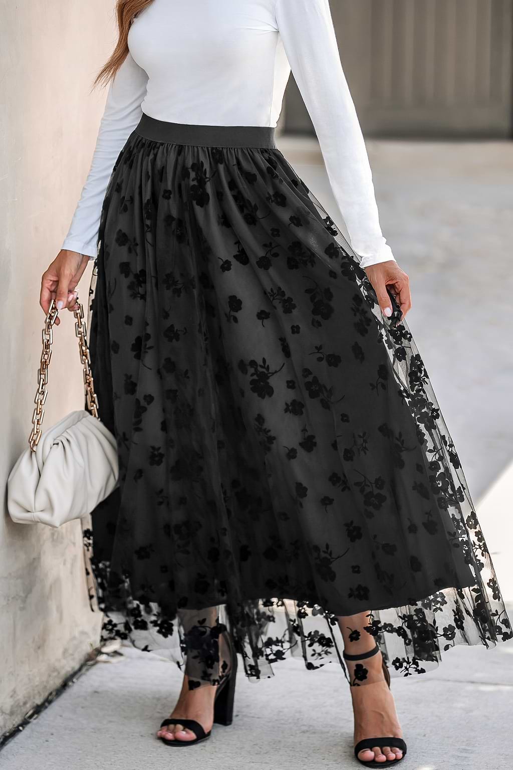Floral Embroidery Mesh High Waist Skirt