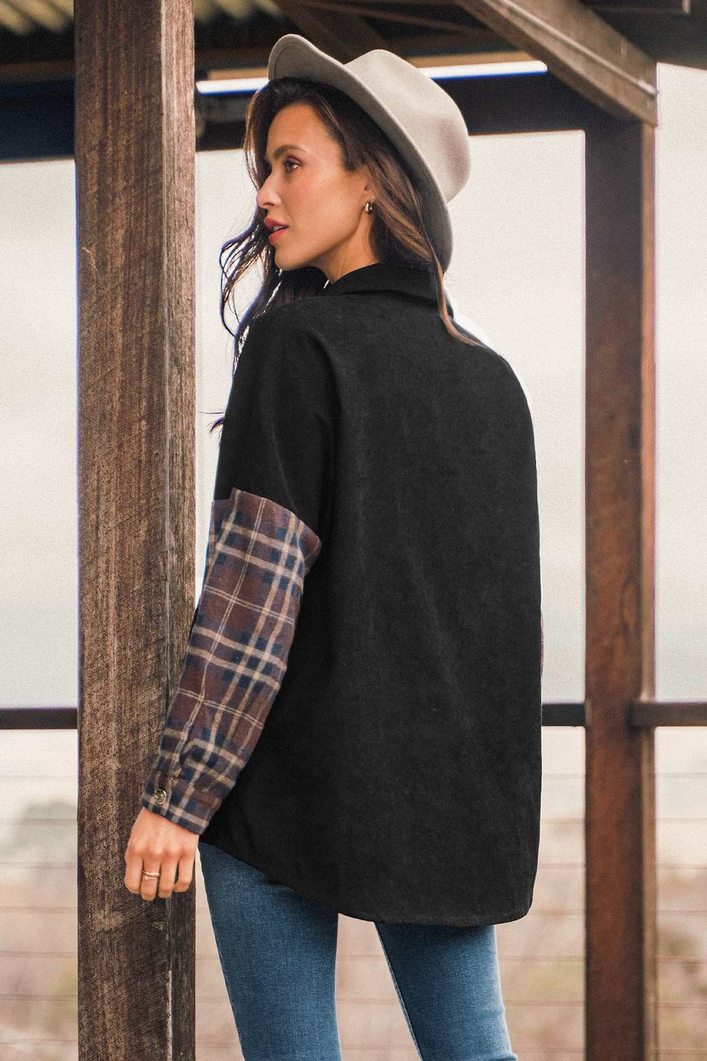 Veste à boutons sur le devant en carreaux et bloc de couleur