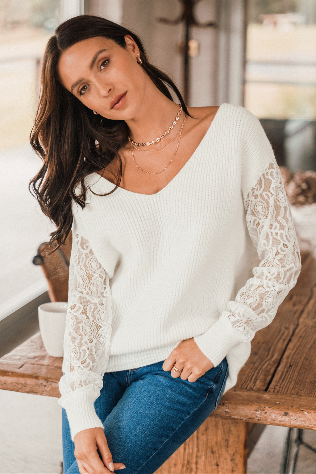 Floral Lace Sleeve Rib V-Neck Sweater