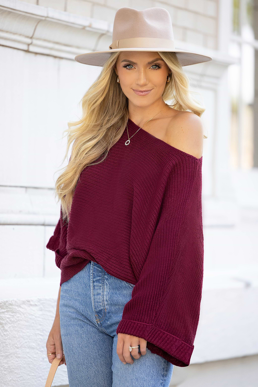 X Savannah Burgundy Rib One-Shoulder Sweaters