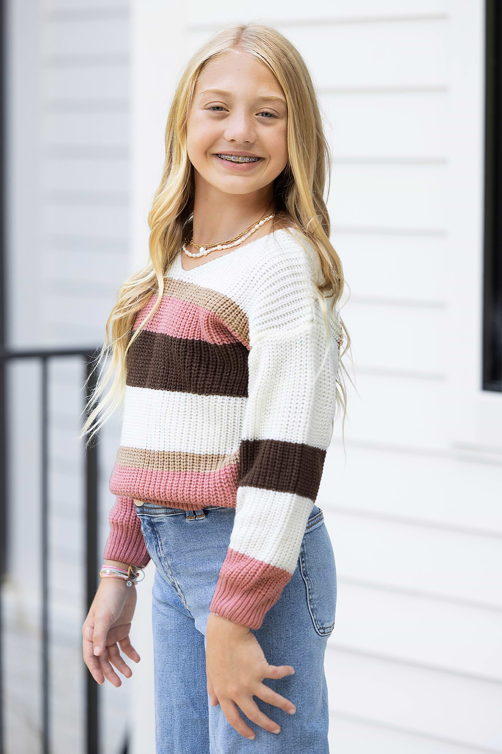 Girls Striped Drop Sleeve Rib Sweater