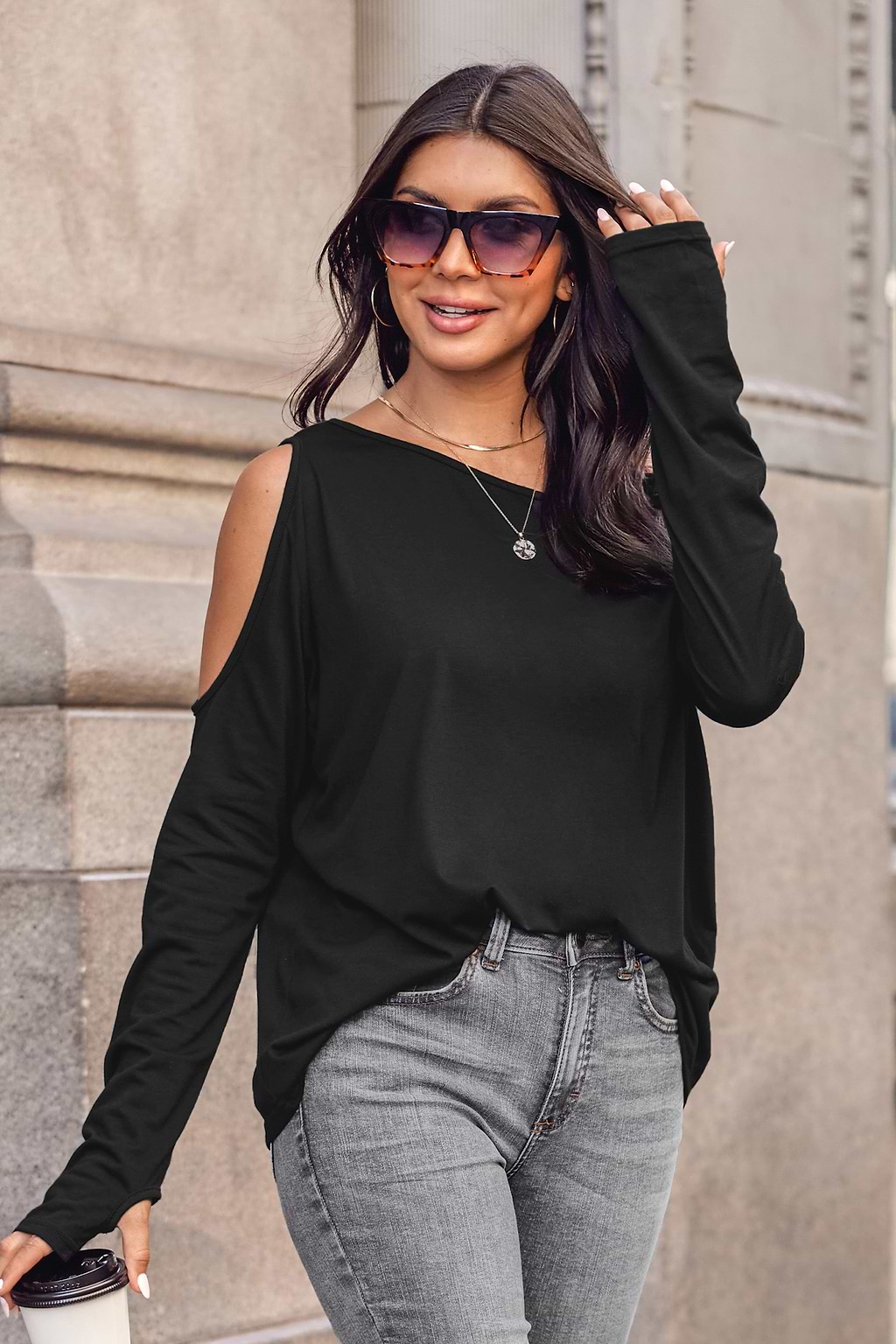 Shadow Cutout One-Shoulder Long Sleeve Tee