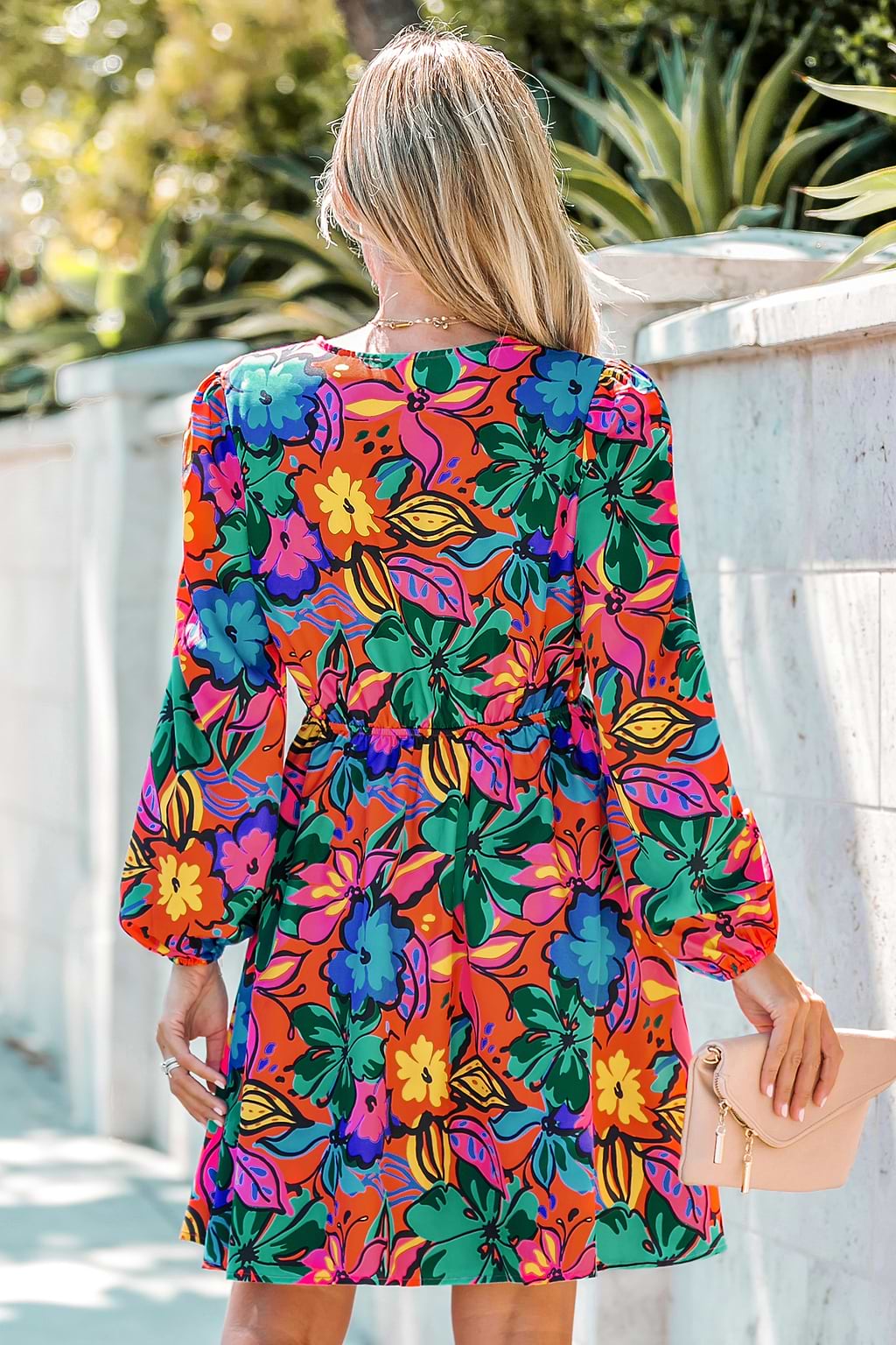 Floral Print Long Peasant Sleeve Mini Dress