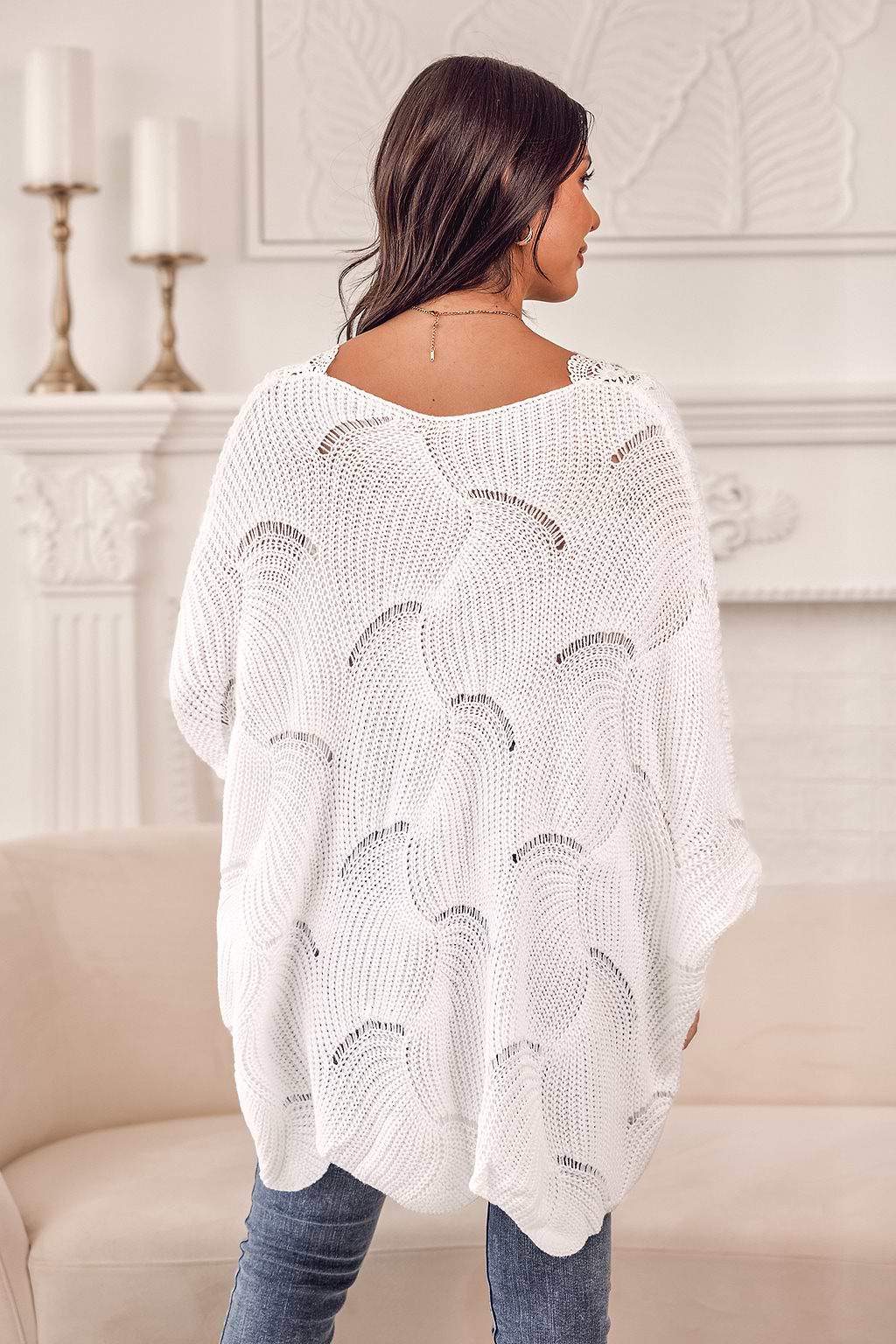 Floral Lace Pointelle Knit Scalloped Sweater