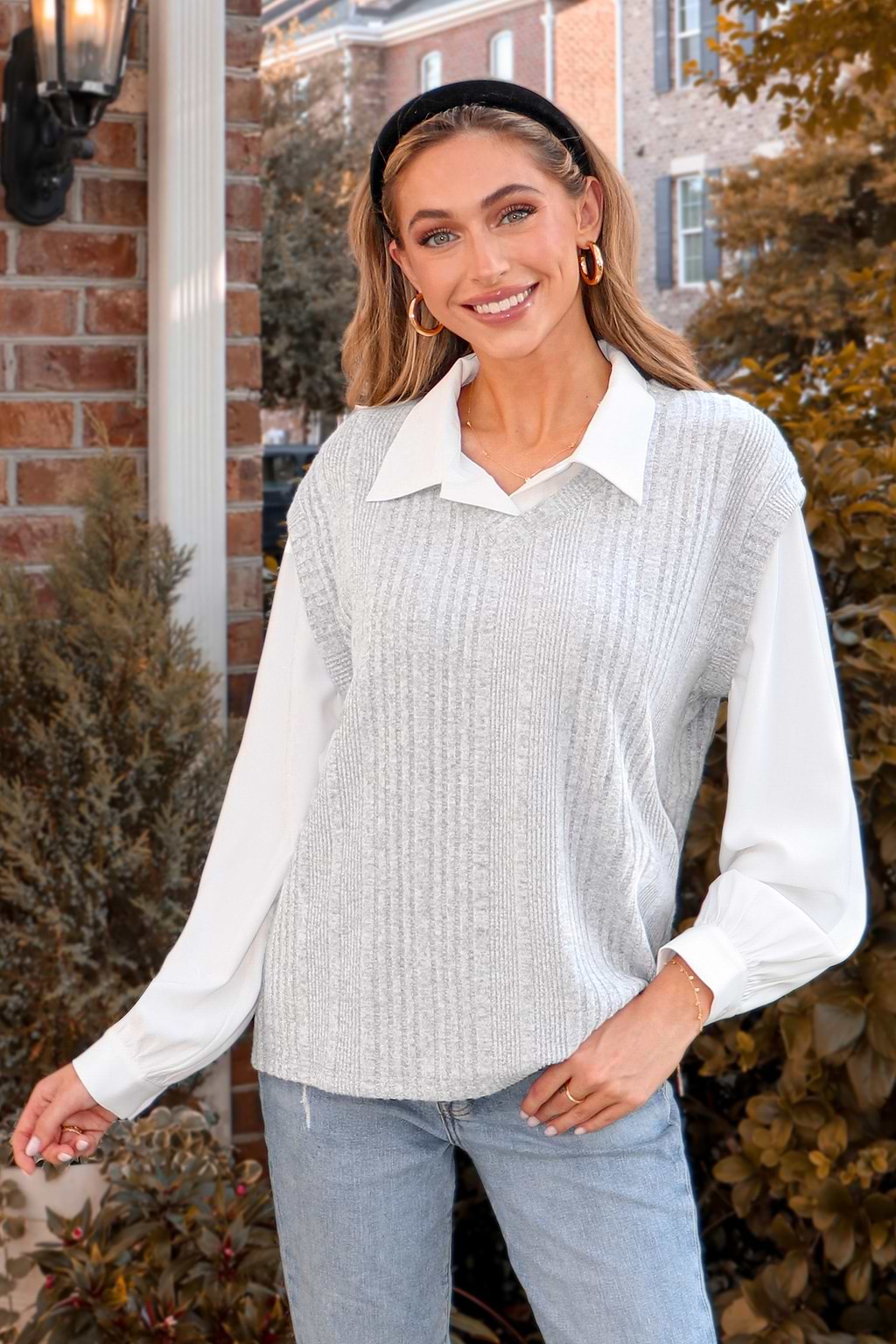 Rib Collared Long Sleeve Combo Top