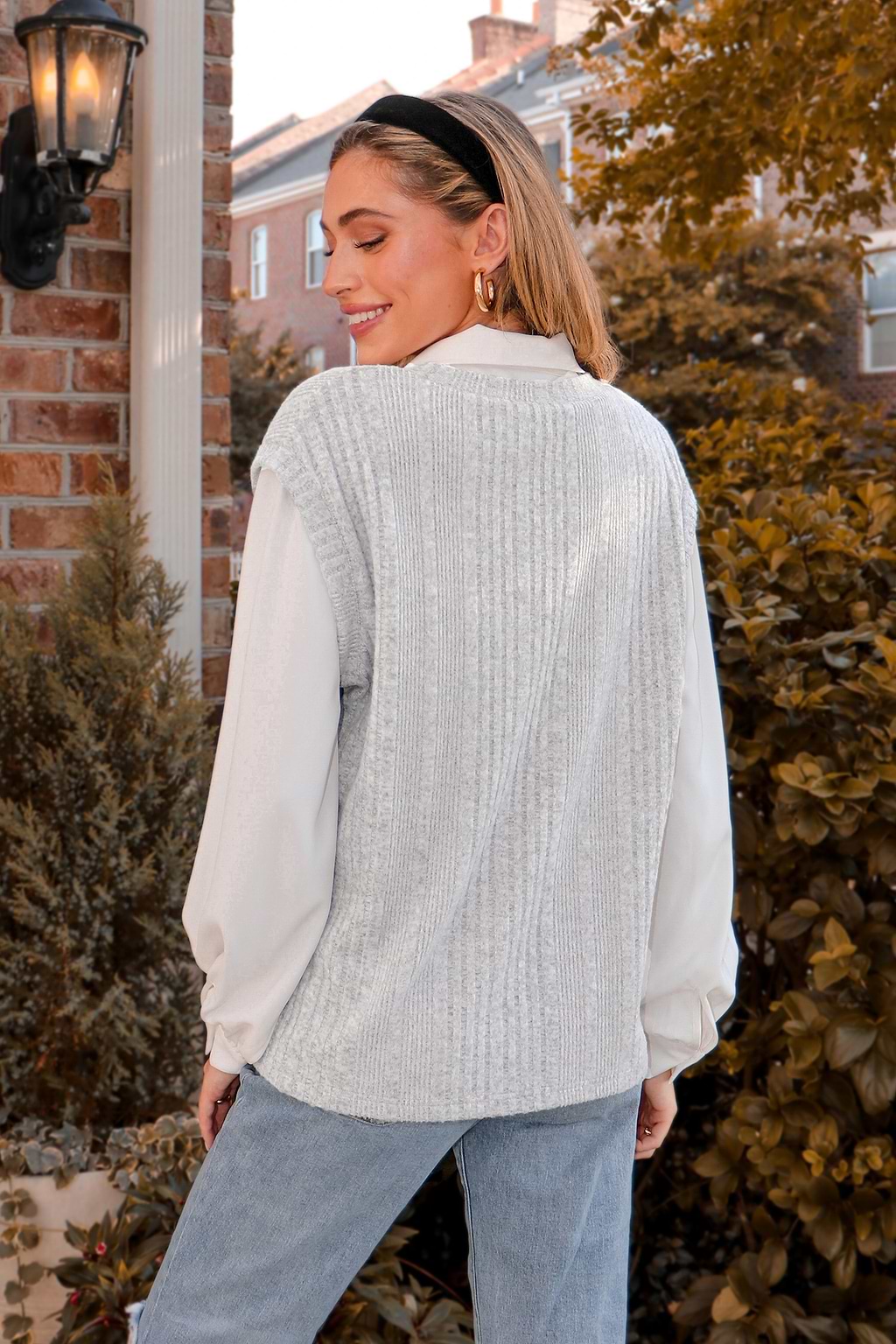 Rib Collared Long Sleeve Combo Top