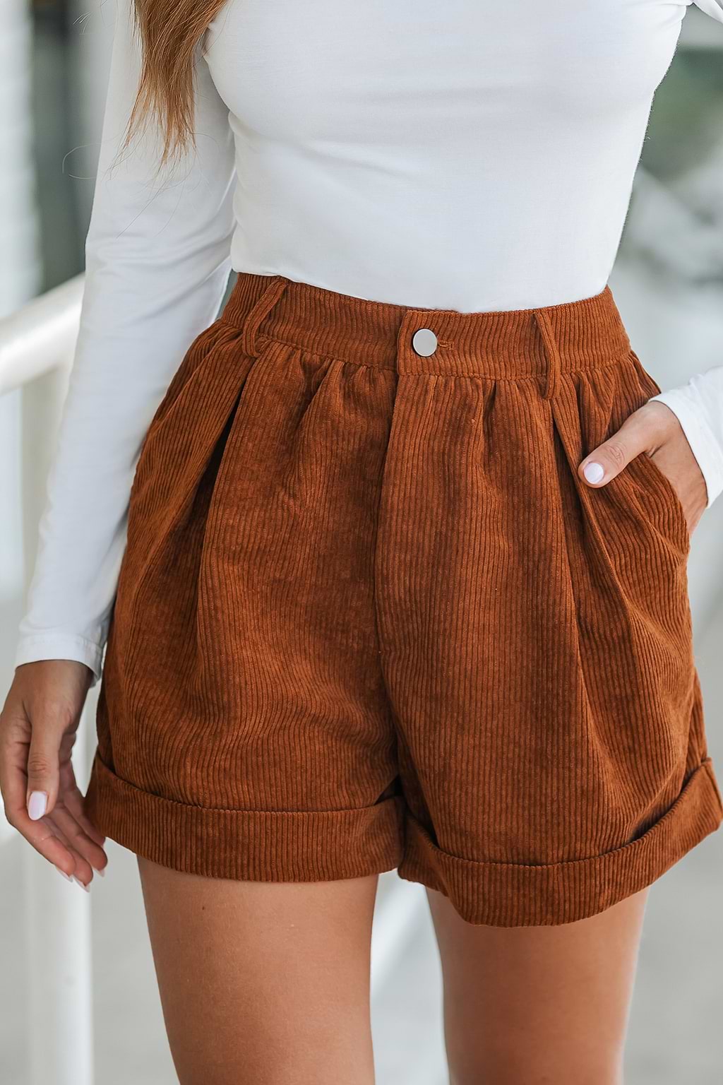 Corduroy High Waist Pleated Shorts