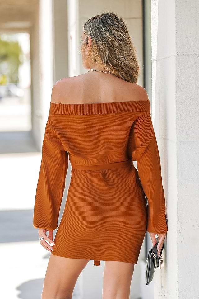 orange off the shoulder sweater dress " Jolene " Sweater Rib Knit Off Shoulder Maxi Dress ( Cognac )