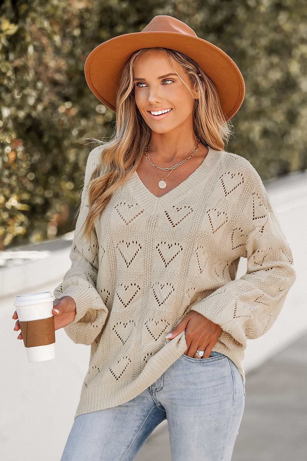 Heart Cutout V-Neck Sweater