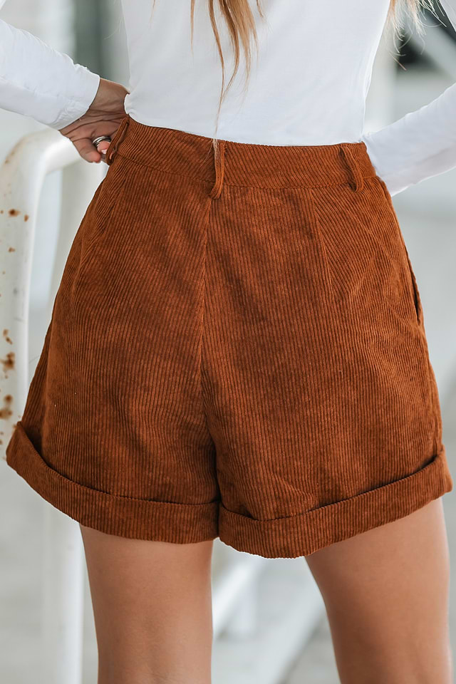 Short D'Hiver Vintage Femme En Velours Côtelé Taille Haute – Ourlet Roulé Et Effet Cloche, Style Rétro Décontracté Automne/Hiver