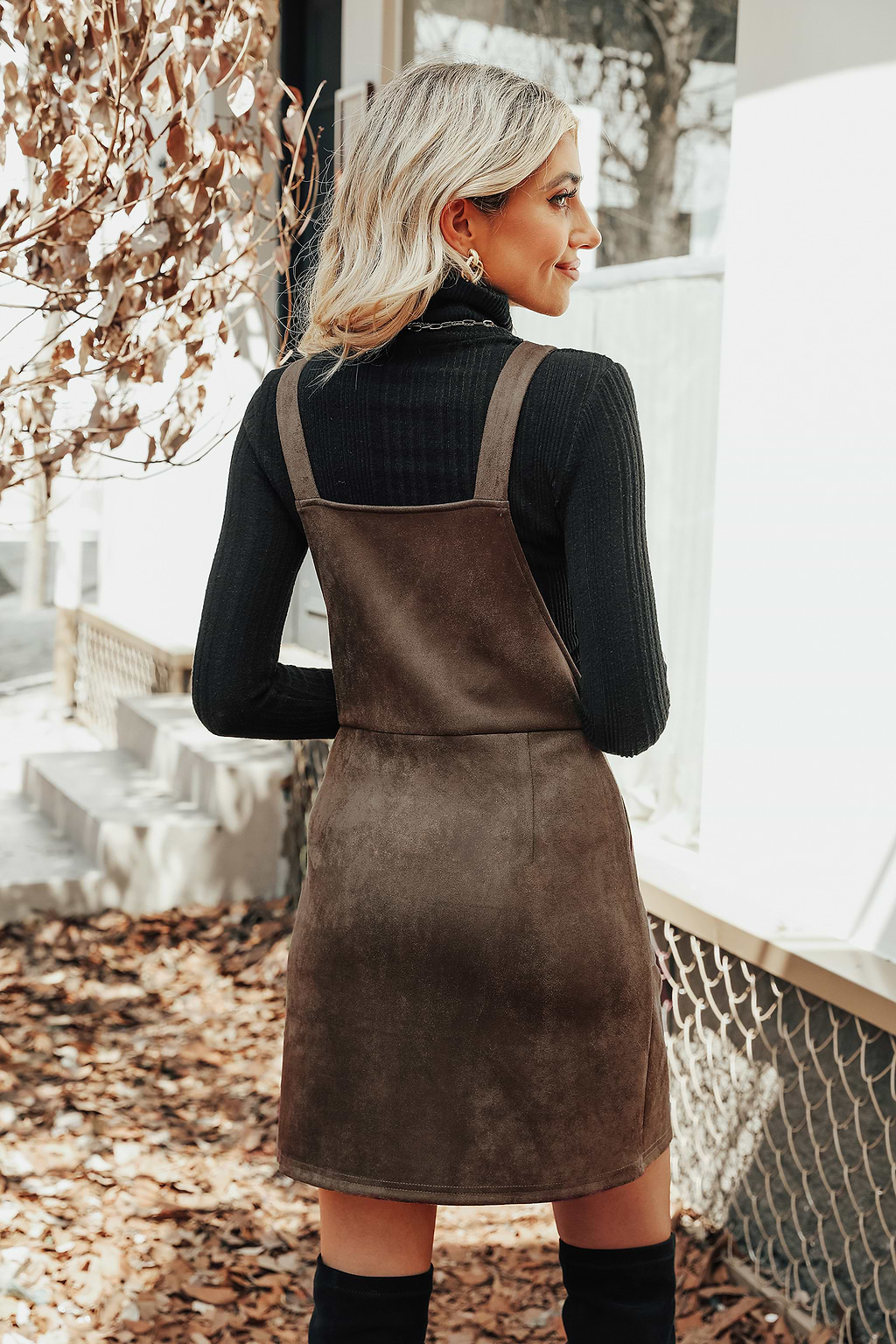Faux Suede Pull-Ring Pinafore Dress