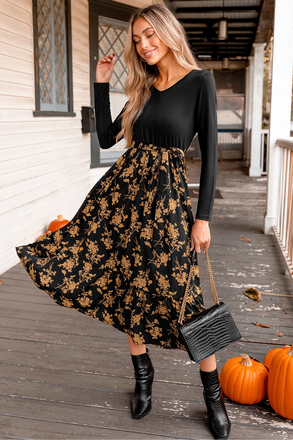 Belted Floral Print Long Sleeve Maxi Dress
