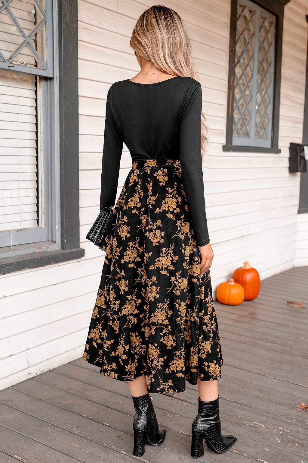 Belted Floral Print Long Sleeve Maxi Dress