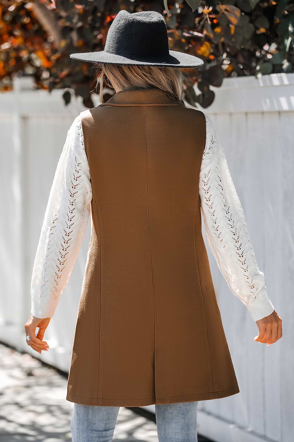 Tan Button-Front Sleeveless Longline Blazer